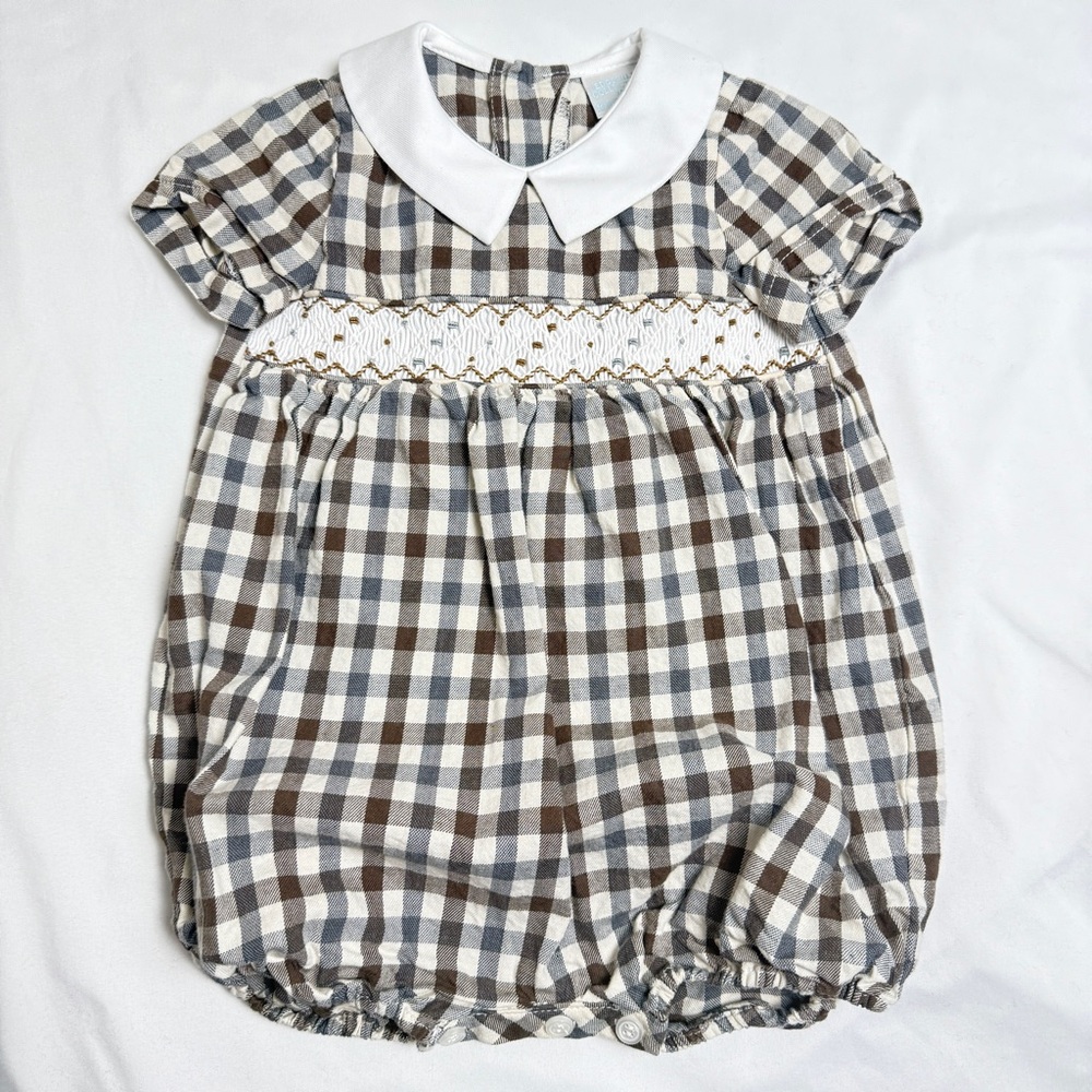 Edgehill Collection Gingham Brown and Gray Smocked Bubble size 3m